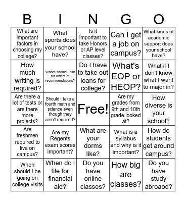 College Knowledge Bingo Card