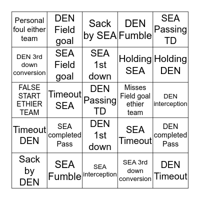 SUPER BOWL 2014 Bingo Card