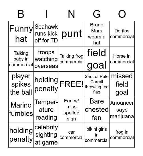 Super Bowl BINGO Card