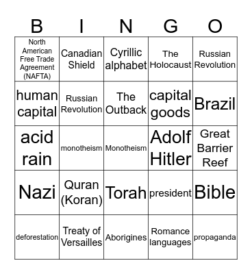 6th/7th Grade Social Studies Bingo Card