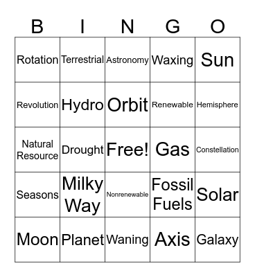 Earth and Space Bingo Card