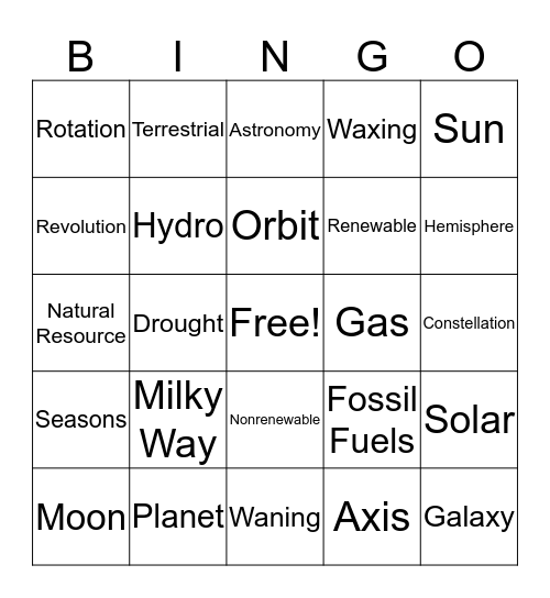 Earth and Space Bingo Card