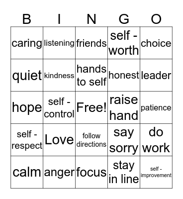 Self Control Bingo Card