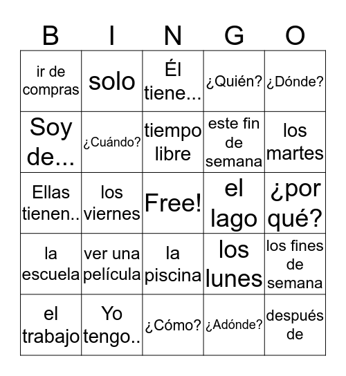 Lugares para ir Vocabulary Bingo Card