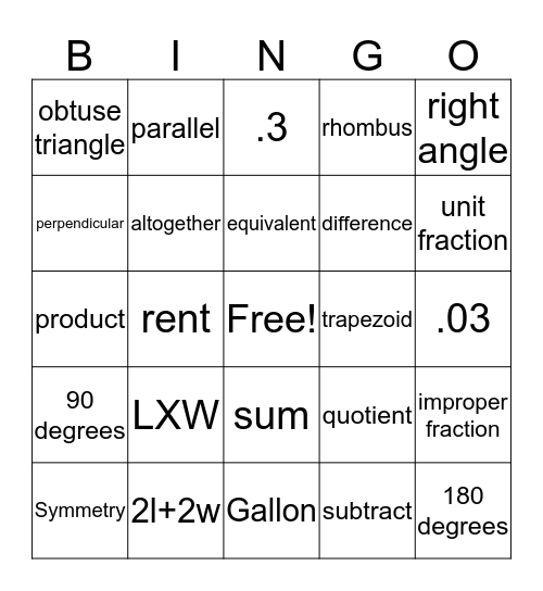 Math Vocabulary Bingo Card