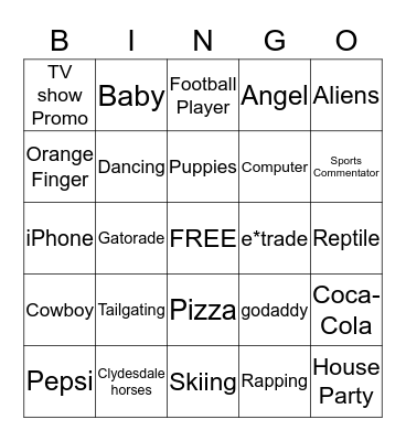 Superbowl Commercial Bingo Card