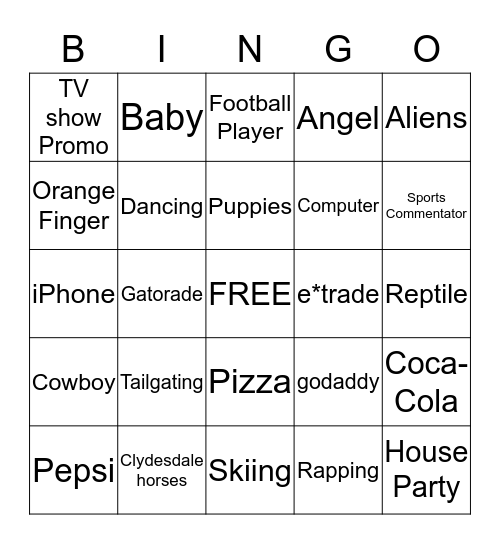 Superbowl Commercial Bingo Card