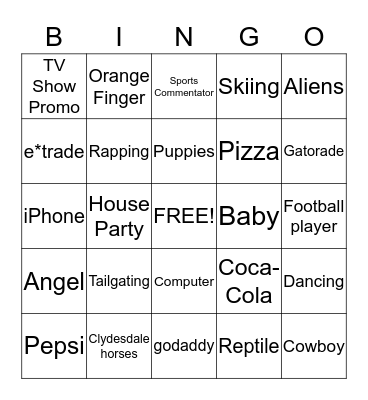 Superbowl Commercial Bingo Card