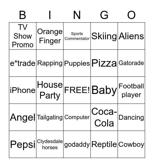 Superbowl Commercial Bingo Card