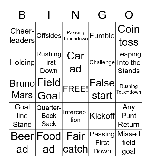 Super Bowl Bingo Card