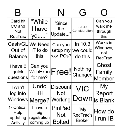 RecTrac Bingo Card