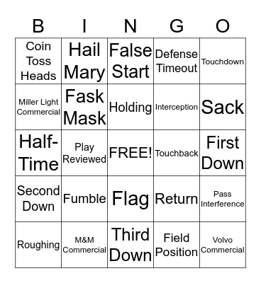 Super Bowl Bingo Card