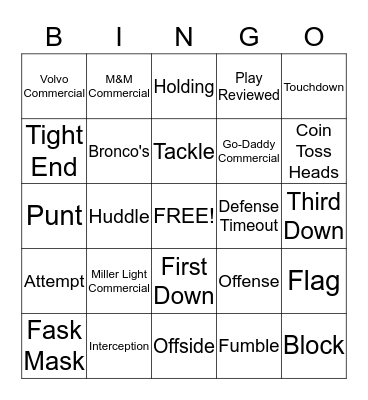 Super Bowl Bingo Card