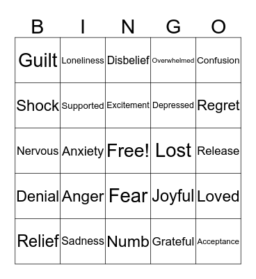 Feelings of Grief Bingo Card