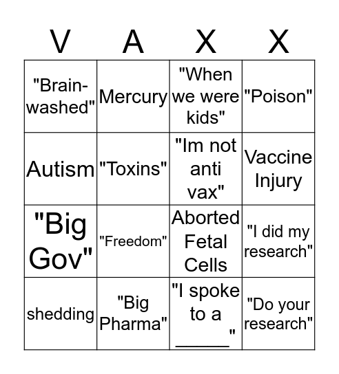 Anti Vax Bingo Card