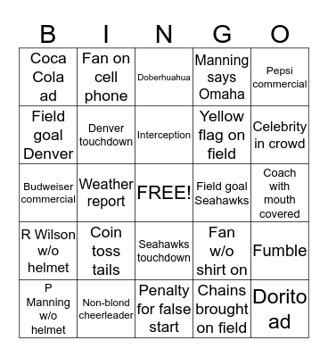 Superbowl XLVIII Bingo Card