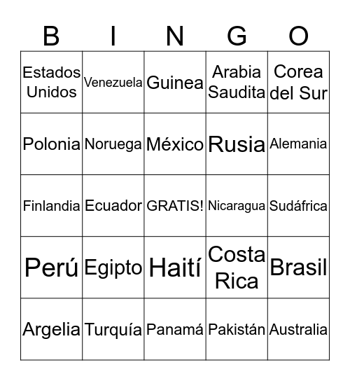 Los países del mundo Bingo Card