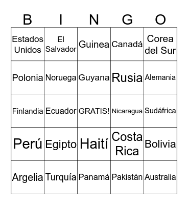Los países del mundo Bingo Card