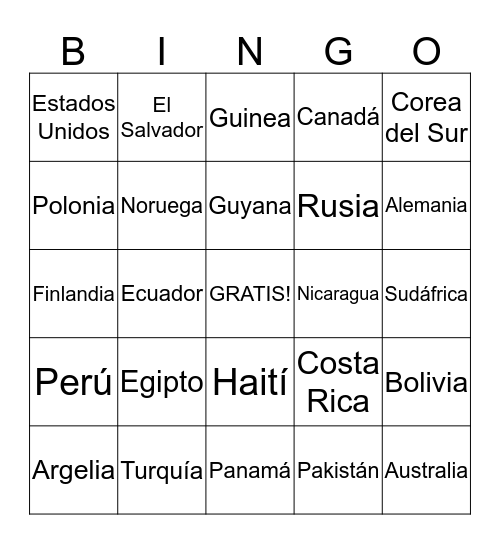 Los países del mundo Bingo Card