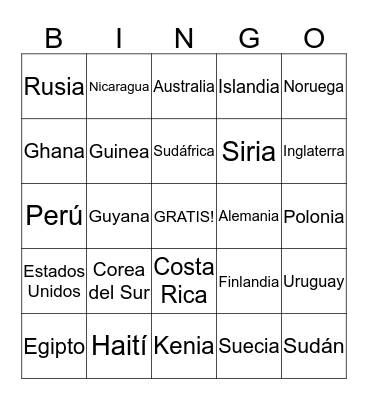 Los países del mundo Bingo Card