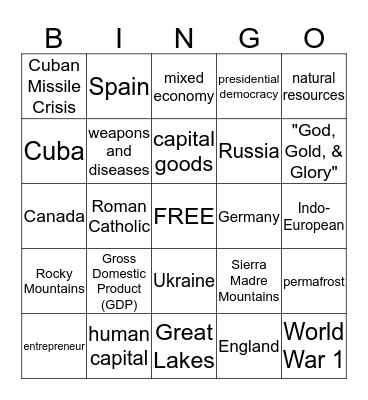 6th/7th Grade Social Studies Bingo Card