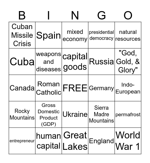 6th/7th Grade Social Studies Bingo Card