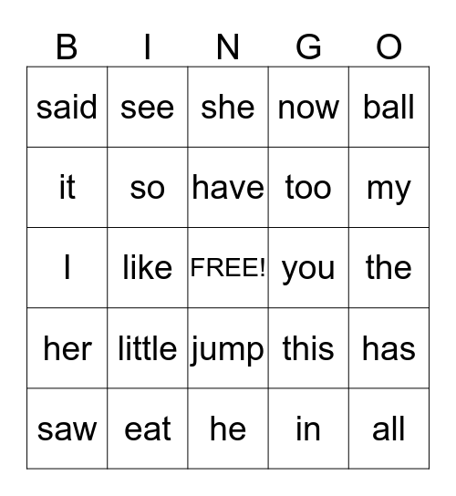 Snap Word Bingo Card