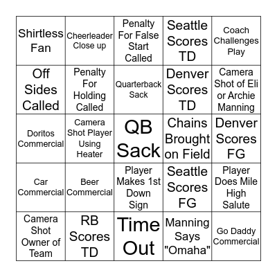 Superbowl Bingo Card