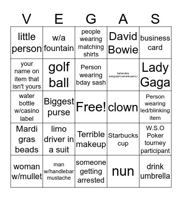 Vegas Selfie Bingo Card