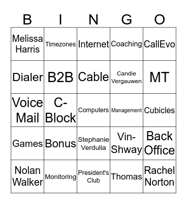 Call Center Bingo Card
