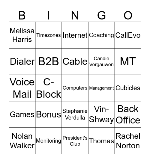 Call Center Bingo Card