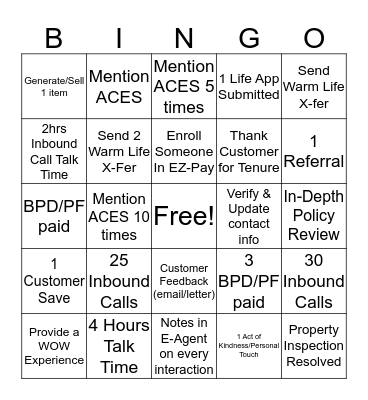 Service BINGO Card