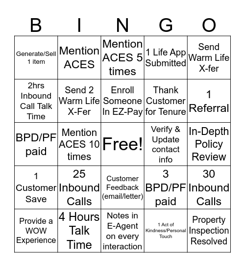 Service BINGO Card