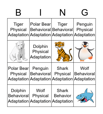 Animal Adaptation Bingo Card