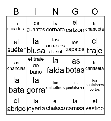 Spa. 1 clothing Bingo Card