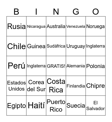 Los países del mundo Bingo Card