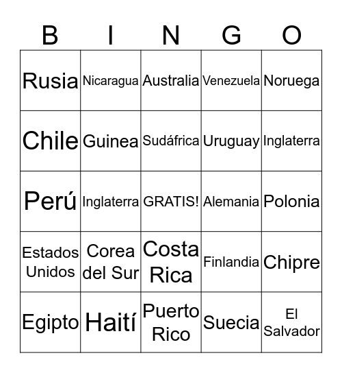 Los países del mundo Bingo Card