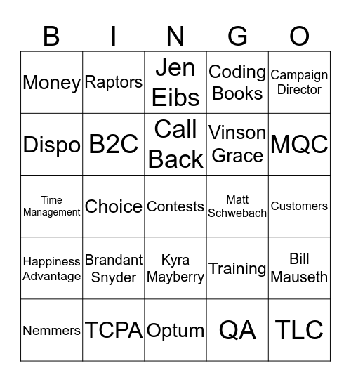 Call Center Bingo Card