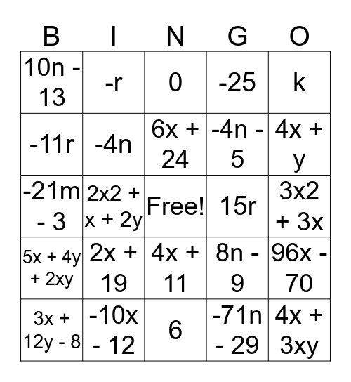 Combining Like Terms (Soose) Bingo Card