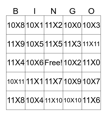 10's and 11's Multiplication Facts Bingo Card