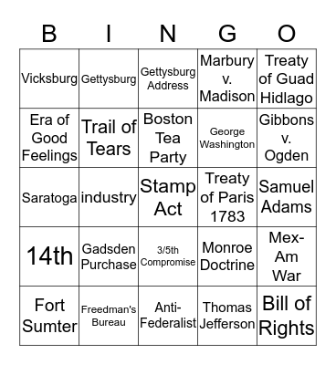 STAAR American History Bingo Review Bingo Card