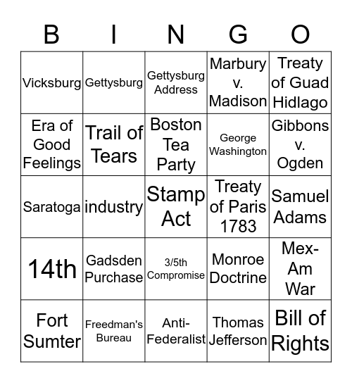 STAAR American History Bingo Review Bingo Card