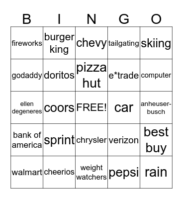 Super Bowl XLVIII Commercial Bingo Card