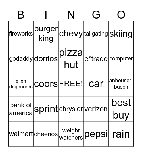 Super Bowl XLVIII Commercial Bingo Card