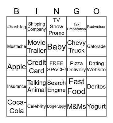 Superbowl Commercial Bingo Card