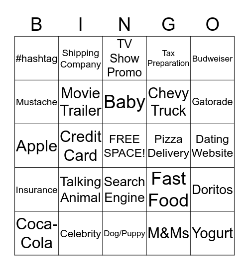 Superbowl Commercial Bingo Card