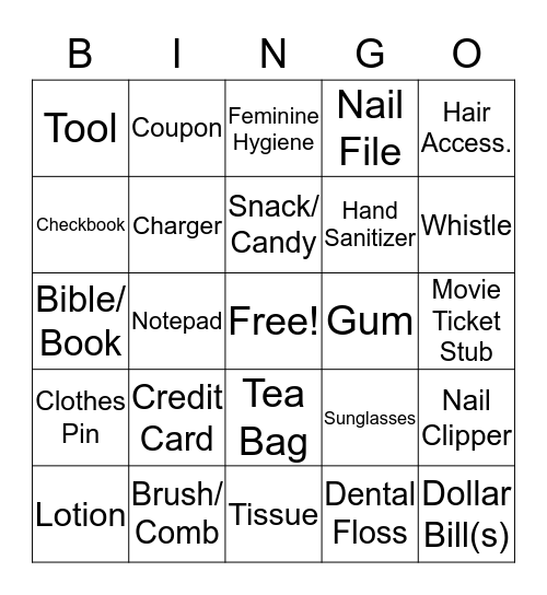 What's in your purse?  Bingo Card