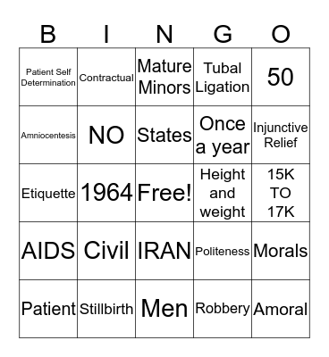 MEDICAL LEGAL ISSUES Bingo Card