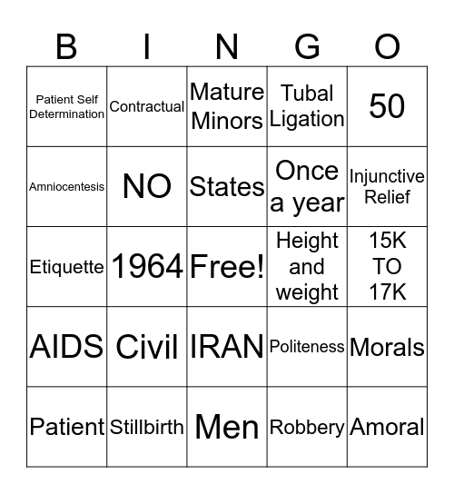 MEDICAL LEGAL ISSUES Bingo Card