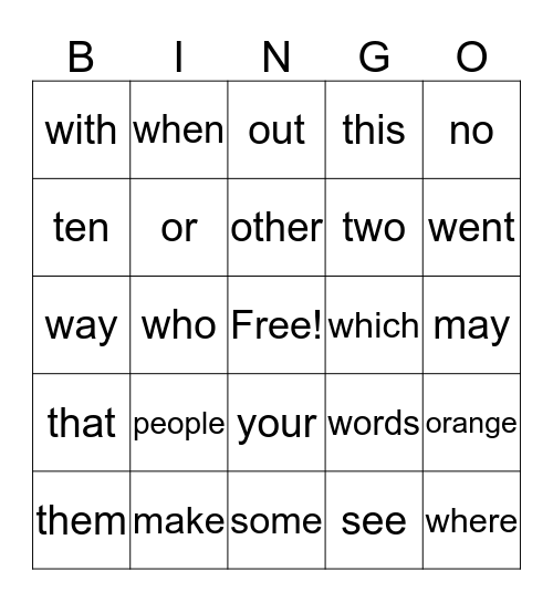 K - Site Words 5 Bingo Card